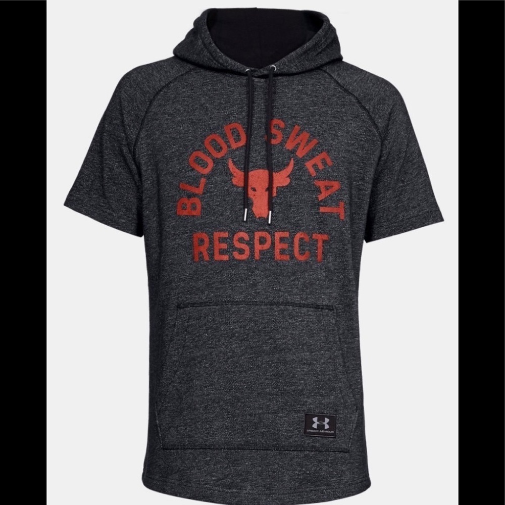 NWT Project Rock Under Armour Blood Sweat Respect Gray Short Sleeve Hoodie Small